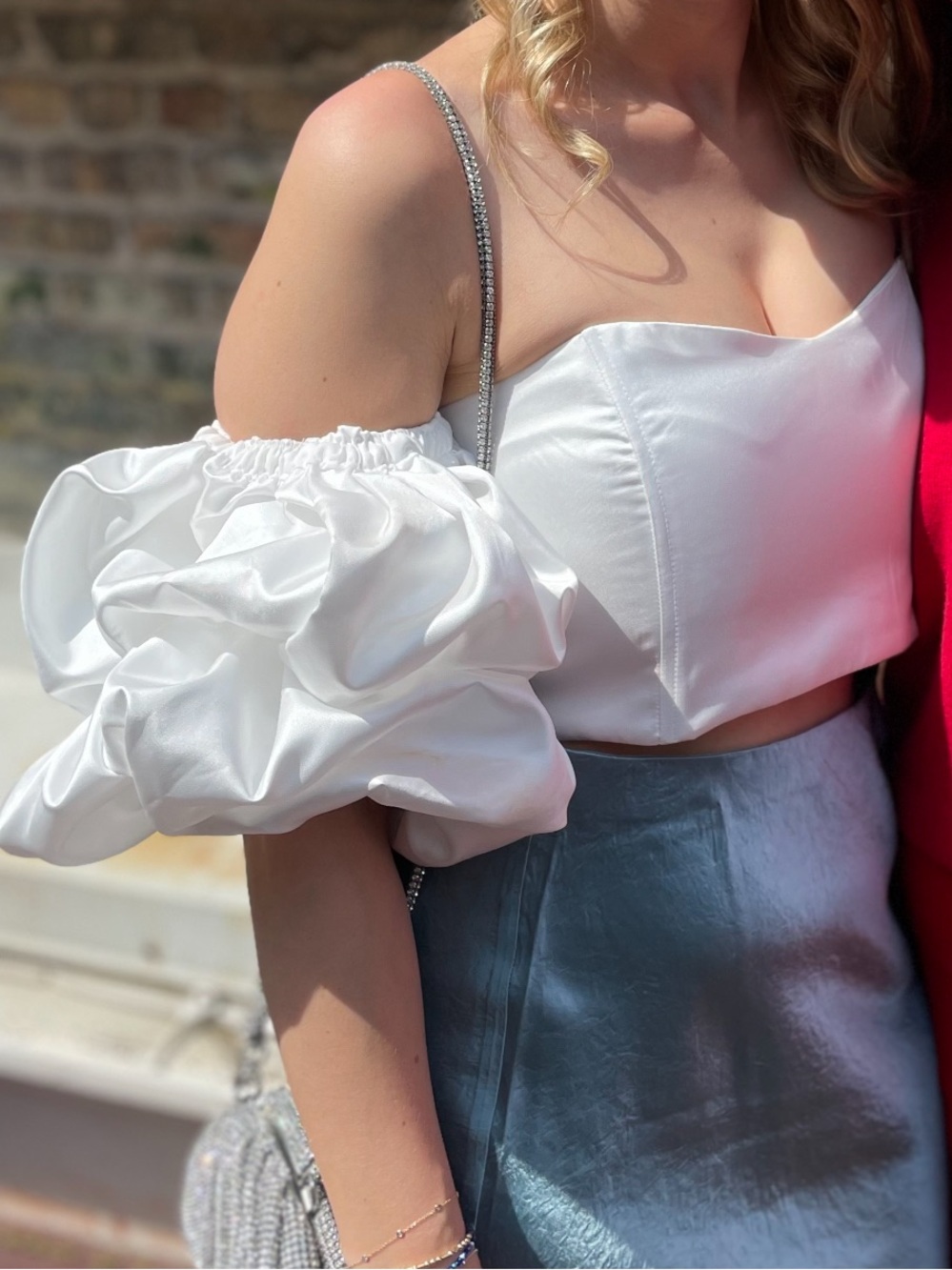 White Puff-Sleeve Satin Crop Top - Women